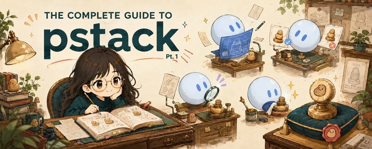 Illustrated workshop on the cover of The Complete Guide to pstack, Pt. 1.