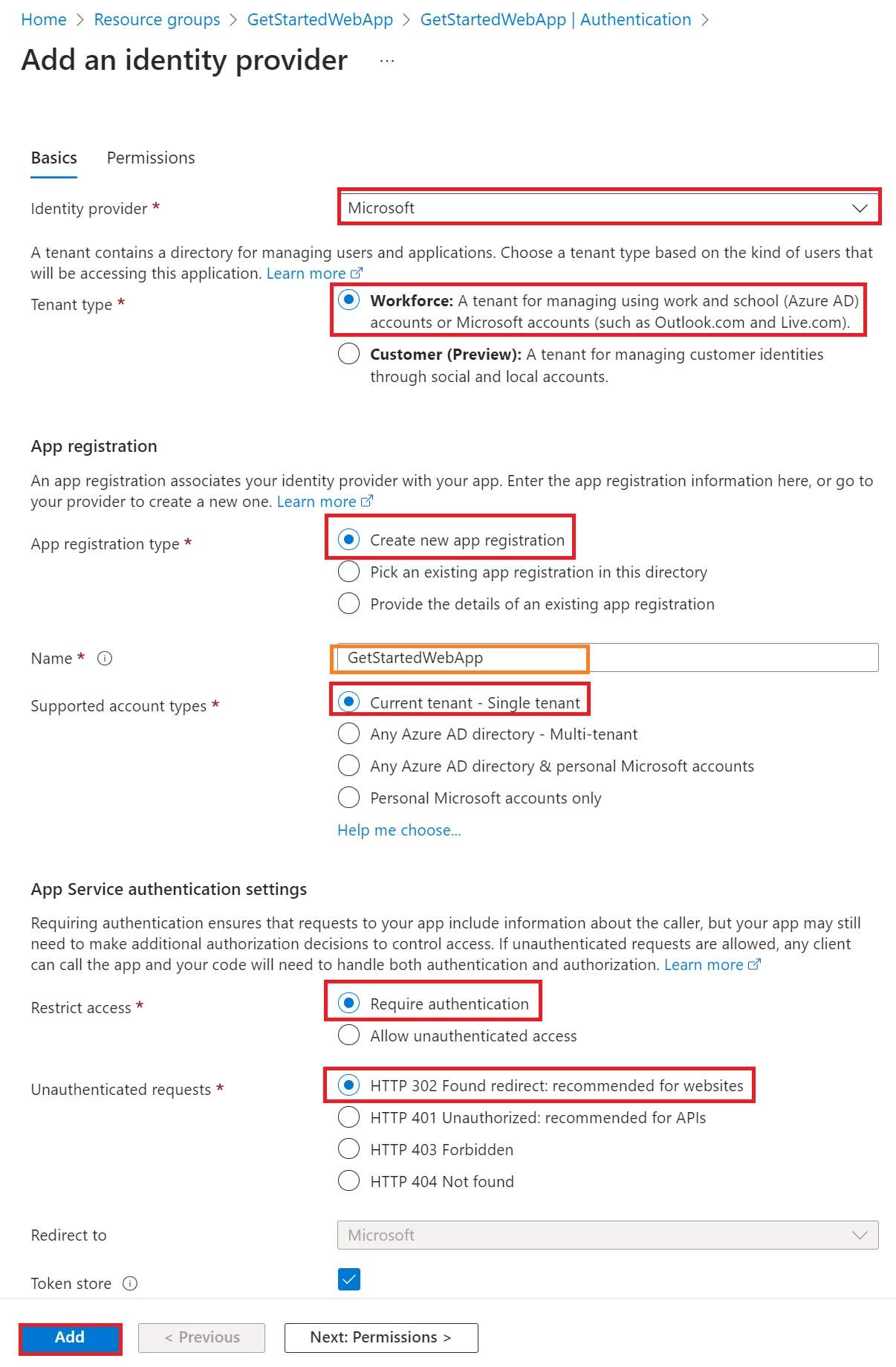 Azure App Service Authentication settings while adding an identity provider