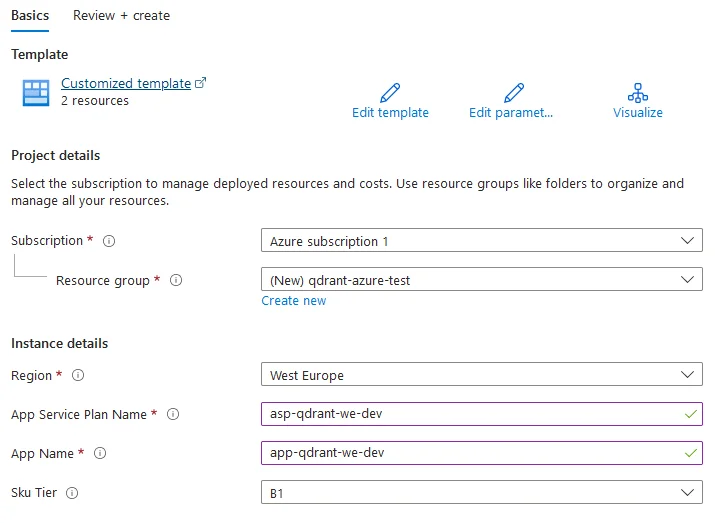 Azure portal ARM template deployment form with Qdrant configuration fields