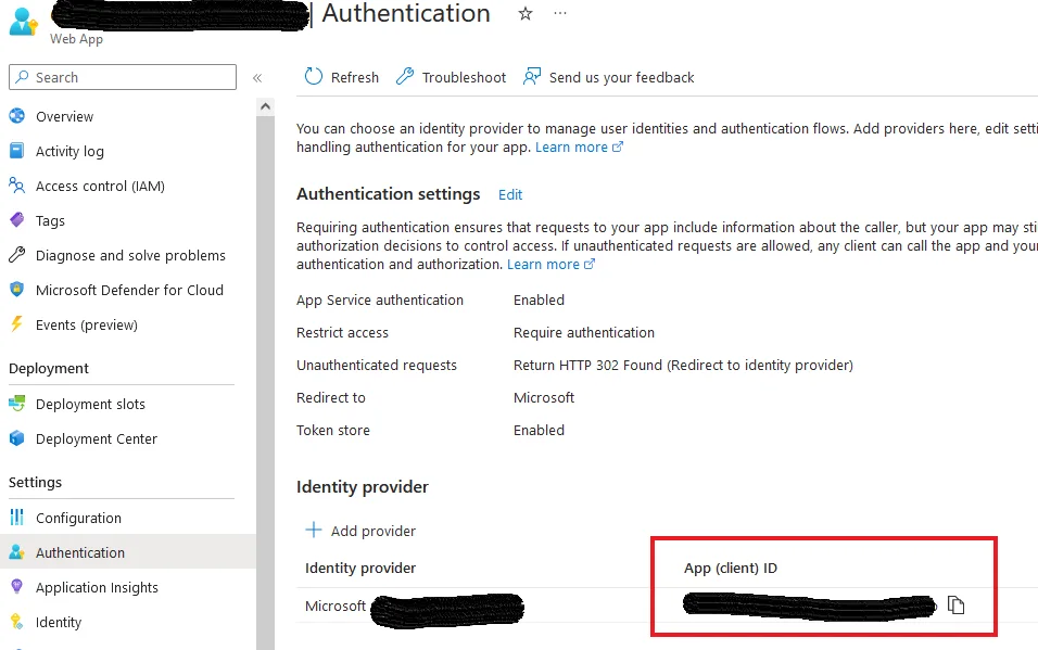 Azure Authentication page showing where to find the App client ID
